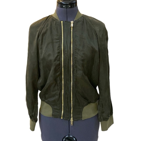 7 For All Mankind Size XS Crop Double Zip Bomber Jacket Olive Night 2 Pocket - Picture 1 of 11